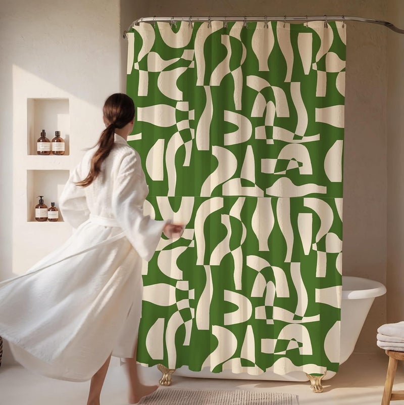 Worthwhile Goods Modern Green and Ivory Geometric Pattern Print Shower Curtain – Abstract Minimalist Fabric Design – Neutral Trendy Bathroom Décor – 72x72 Inches (Geo Green) - Image 2